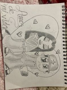 a drawing of two people with hearts on them