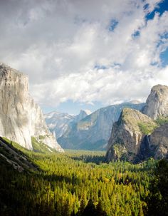 the valley is surrounded by mountains and trees