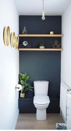 a white toilet sitting in a bathroom next to a wooden shelf filled with potted plants