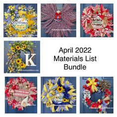 Photo of all of the tutorials offered in the April 2022  wreath making tutorial bundle Chicken Wreath, Wreath Making Tutorials, Angel Wreath, Wreath Sunflower, Monogram Wreath, Wreath Making, Welcome Wreath, Ribbon Design, Wizard Of Oz