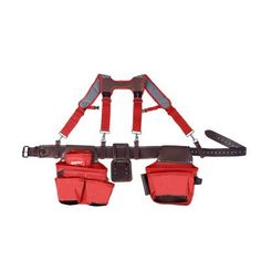 two red bags attached to each other on a white background with the straps pulled back