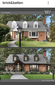 the before and after photos of a brick house with white windows, gray shingles and black shutters