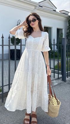 Modest Dresses Summer, Aesthetic Frocks, Indian Wear Aesthetic, Chiffon Dress Casual Simple, Summer Frocks, Hakoba Dress Designs, White Frock Aesthetic, White Cottagecore Dress For Summer, White Cottagecore Vintage Dress For Summer