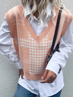 Pink Houndstooth Sweater, Jacquard Sweater, Knitted Vest, Casual Vest, Preppy Outfit, Loose Sweater, Sleeveless Sweater, Knit Vest, Print Pullover