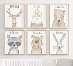 four framed pictures with animals and words on the wall in a nursery's room