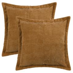 two brown pillows with pleated squares on the front and back, one is made from cord