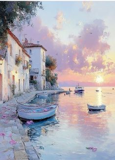 a painting of boats in the water near buildings and flowers on the shore at sunset