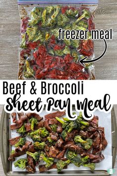 beef and broccoli sheet pan meal in the freezer with text overlay