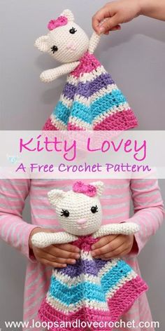 Kitty Lovey - Free Crochet Pattern Loops & Love Crochet Crochet Kitten Lovey Free Pattern, Cat Lovey Pattern, Crocheted Stuffies, Teddy Blanket, Baby Cuddles, Crochet Kitty, Baby Lovies