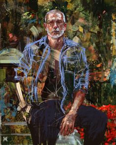 a painting of an older man sitting on a bench in front of flowers and plants