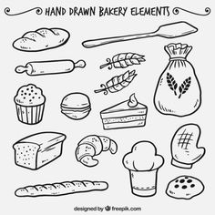 hand drawn bakery elements in black and white