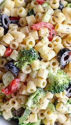 pasta salad with broccoli, olives and tomatoes