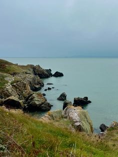 an ocean view with rocks and grass in the foreground, on a cloudy day