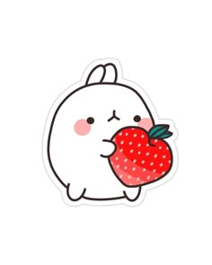 a sticker with an image of a white rabbit holding a strawberry in it's hand