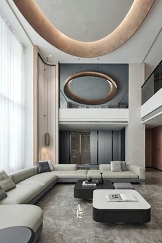 a large living room with modern furniture in it