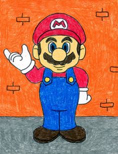 a drawing of mario in overalls and a hat with his hand up to the side