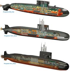 three different views of a submarine with all its components labeled in blue and orange colors