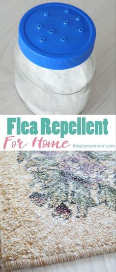 a close up of a rug and a glass jar with the words flea repellent on it