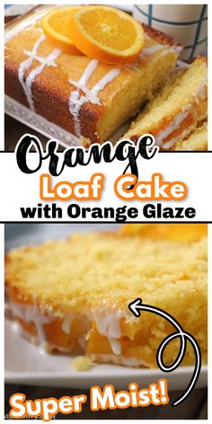 Orange loaf cake with white glaze and orange slices. With Pinterest overlay. Coconut Orange Cake Recipe, Ultimate Orange Cake, Moist Orange Bread, Orange Coconut Cake Recipes, Best Orange Cake Recipe Moist, Delicious Cakes Recipes, Orange Bread Recipe Easy, Fresh Orange Recipes