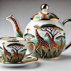 a giraffe themed tea set with matching cups and saucers is on display