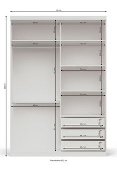 a white closet with drawers and shelves on the bottom shelf, measurements for each drawer