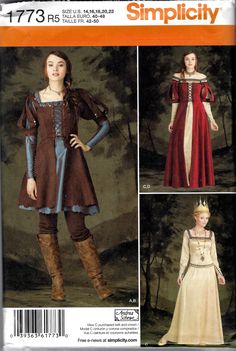 Costume with patterns for dresses with long sleeves and square neckline, and overdress with laced front and sleeves. This sewing pattern, is out-of-print, factory folded, complete with instructions. Laceup Dress, Medieval Princess, Costume Sewing, Women's Sewing Pattern, Costume Sewing Patterns, Queen Costume, Gown Bridal, Gown Pattern, Medieval Costume