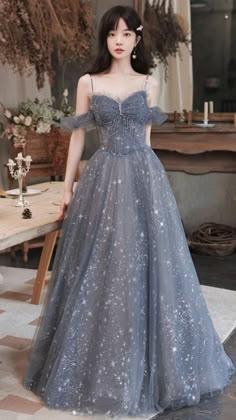 Event Gowns, Tulle Long Prom Dress, A Line Evening Dress, Beaded Tulle, Blue Tulle, Dressy Fashion, Tulle Prom Dress, Long Prom Dress, Prom Party Dresses