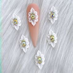 4pcs/bag - handmade 3D flowers acrylic for nails White color with AB rhinestone color Easy to apply Very fast to stick on finished nail set, just need rhinestone glue and glue it on. They are made by acrylic nail powder 3d Nail Flowers Acrylics, Nails Plain, Thanksgiving Nails Color, Y2k Acrylic, Nail Flower, 3d Acrylic Nails, Black And White Nail Art, Nails Flower, 3d Nail Designs