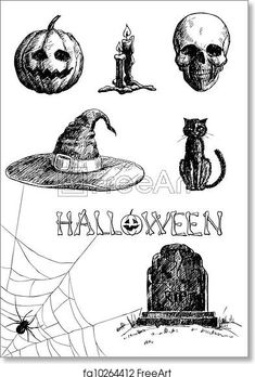 an ink drawing of halloween related items including a hat, pumpkins and a cat