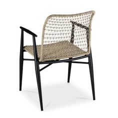 the chair is made out of rattan and has black legs, with a woven seat pad