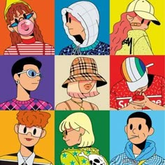 an image of many people with hats and glasses in different color squares on a white background