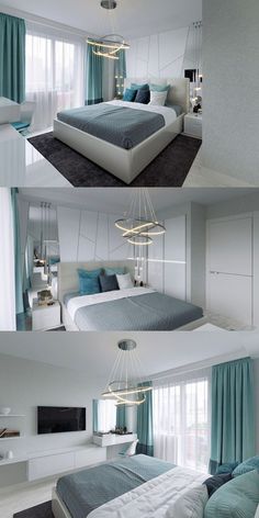 three pictures of a bedroom with blue and white decor