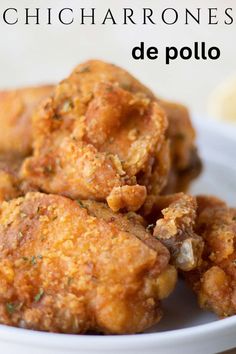 some fried food on a white plate with the words michel charrones de pollo