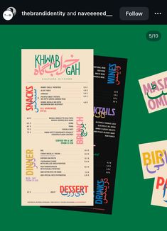 an image of a menu with colorful lettering on the front and back cover, along with stickers