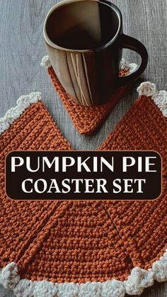 pumpkin pie coaster set with coffee mug on the side and text overlay that reads, pumpkin pie coaster set