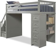 a loft bed with drawers underneath it and a desk underneath the bed is made from gray wood