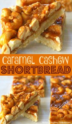 caramel cashew shortbread bars stacked on top of each other with the title in the middle