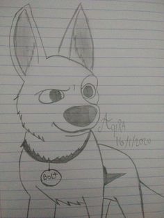 a drawing of a dog with a name tag on it's collar, sitting in front of a lined notebook