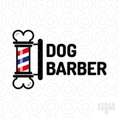 the dog barber logo is shown in black and white with red, white and blue stripes