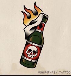 a bottle with a skull on it and flames coming out of the top, in front of a white background