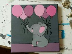 an elephant with pink balloons on it's head is shown in this acrylic painting