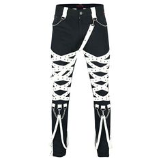 Introducing our Unisex Black X Strap Denim Gothic Hippie Slim Fit Raver Pants - the ultimate blend of style and edge. These long jeans feature eye-catching chains and white straps, adding a touch of uniqueness to your emo or punk look. Embrace your individuality and stand out from the crowd with these statement pants. Key Points: Made from durable denim fabric for comfort and longevity. Perfect for those who embrace gothic, hippie, or punk fashion. Designed to flatter your figure and accentuate Gothic Bottoms With Pockets For Festival, Look Emo, Gothic Stretch Trousers, Black Denim Punk Pants, Black Stretch Punk Jeans, Black Gothic Denim Jeans, Punk Mode, Gothic Hippie, Statement Pants