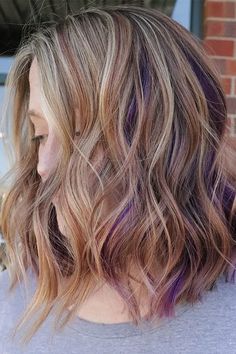 Subtle Color In Blonde Hair, Dark Blonde With Peekaboo Color, Light Brown Hair Purple Highlights, Purple Balayage Straight Hair, Peanut Butter And Jelly Hair Color, Pbj Hair, Peanut Butter Jelly Hair, Color For Light Brown Hair, Peanut Butter And Jelly Hair