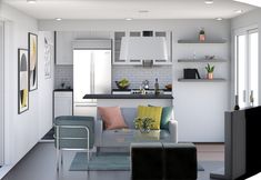 a living room filled with furniture next to a kitchen