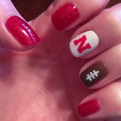 Husker Football Nails, Husker Nails Nebraska, Nebraska Football Nails, Nebraska Nails Designs, Nebraska Husker Nails, Red Football Nails, Nebraska Nails, Husker Nails, Anytime Nails