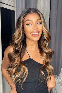 Brown And Blonde Balayage Black Women, Light Brown Hair By Hair Pattern, Highlight Body Wave Wig, Golden Brown With Highlights, Light Brown With Blonde Highlights, Brown Wig With Blonde Highlights