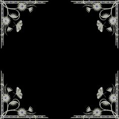 a black background with white flowers and butterflies on the border, as well as an ornate frame