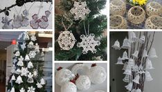 crocheted ornaments are hanging on the tree