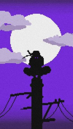 the silhouette of a person on top of a telephone pole in front of a full moon