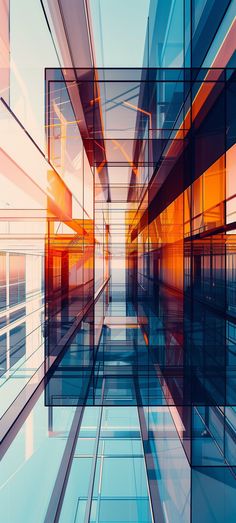 an abstract image of buildings and windows in blue, orange and pink colors with the sun shining through them